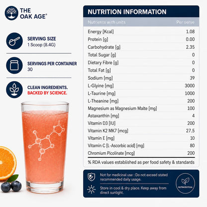 The Oak Age Longevity Supplement Powder| 10 Proven Ingredients in 1 Daily Scoop| Supports Sleep, Energy, Skin Hydration & Heart Health| Glycine, Taurine, AstaReal Astaxanthin, Vitamin D3 & K2| Fruit Punch Flavour