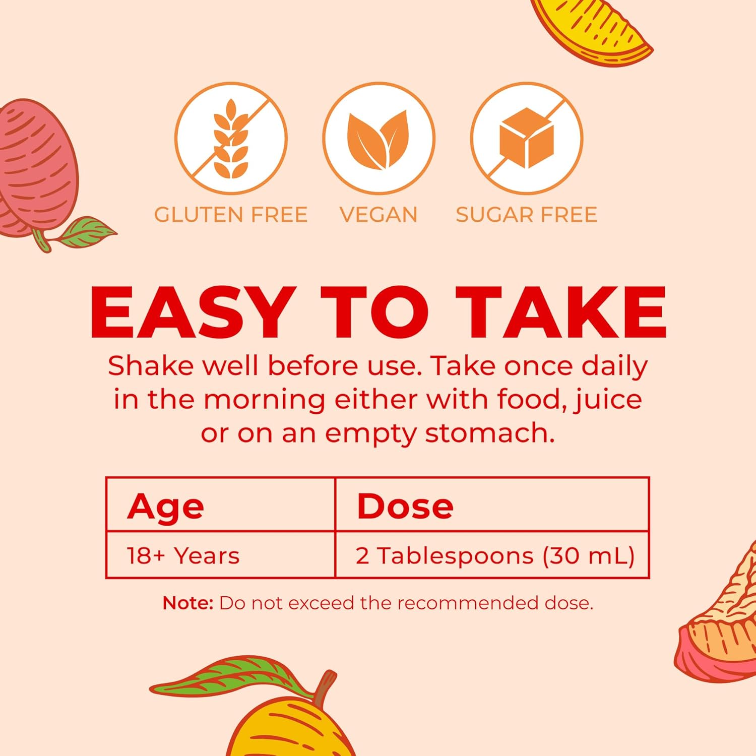 Product label with nutritional information, usage instructions, and dietary restrictions on a light pink background.