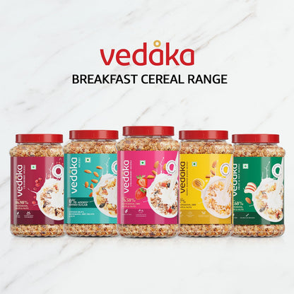 Vedaka Strawberry Muesli | 1 Kg | Jar | Contains 76.58% of Dry Fruits, Nuts and Multigrains | Source of Fiber | Loaded with Strawberries