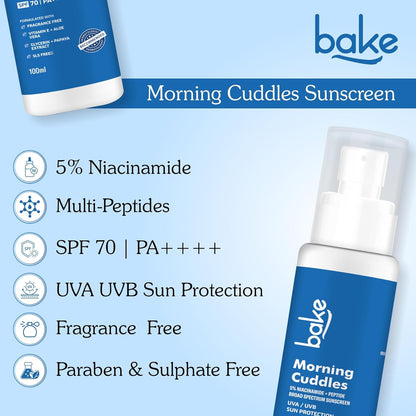 BAKE 100% Mineral Water Resistant Sunscreen SPF 70 PA+++ with 5% Niacinamide, Peptide | Sweat & Water Resistant, UV/A & B, Blue Light Protection | For Oily Acne Prone Skin | For Acne Scars & Dark Spots | Broad Spectrum Sunscreen | No White Cast | 100g
