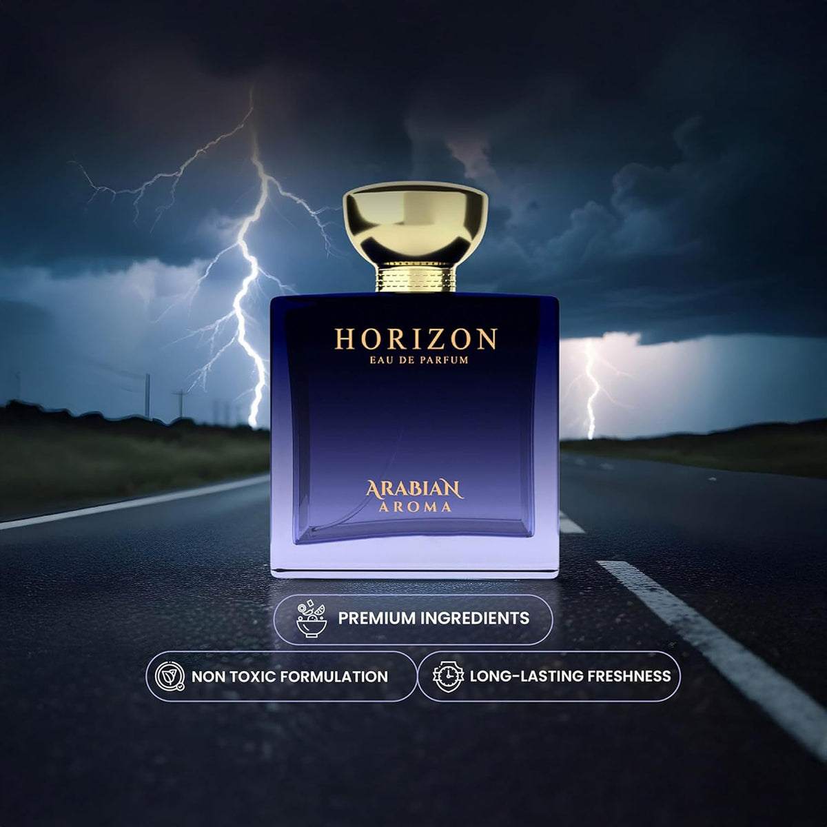 Perfume bottle labeled 'Horizon Arabian Aroma' on a road with lightning in the background