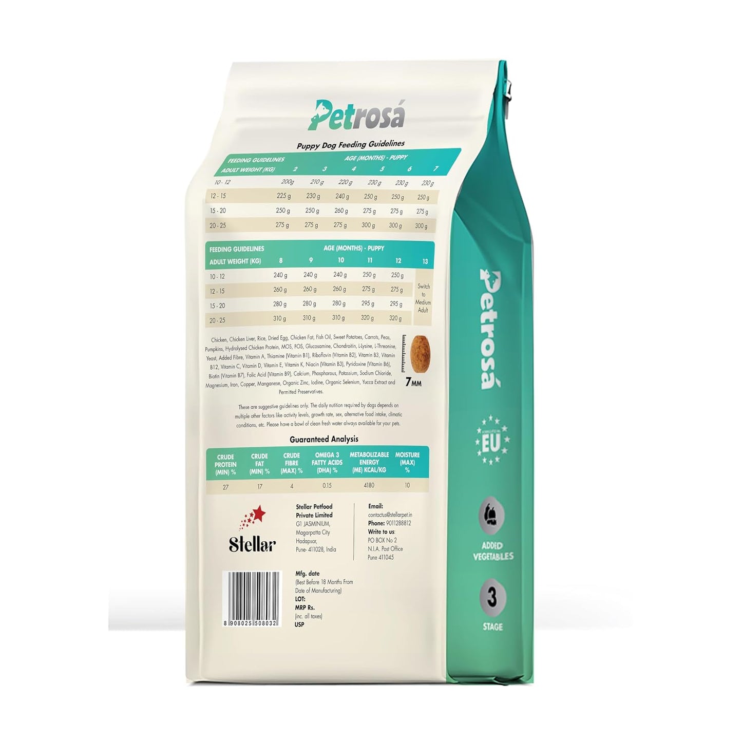 Petrosa Medium Breed Puppy Dog Food (2 to 12 Months), 1 Kg, 30% Protein with DHA & Prebiotics, Growth & Digestion Formula