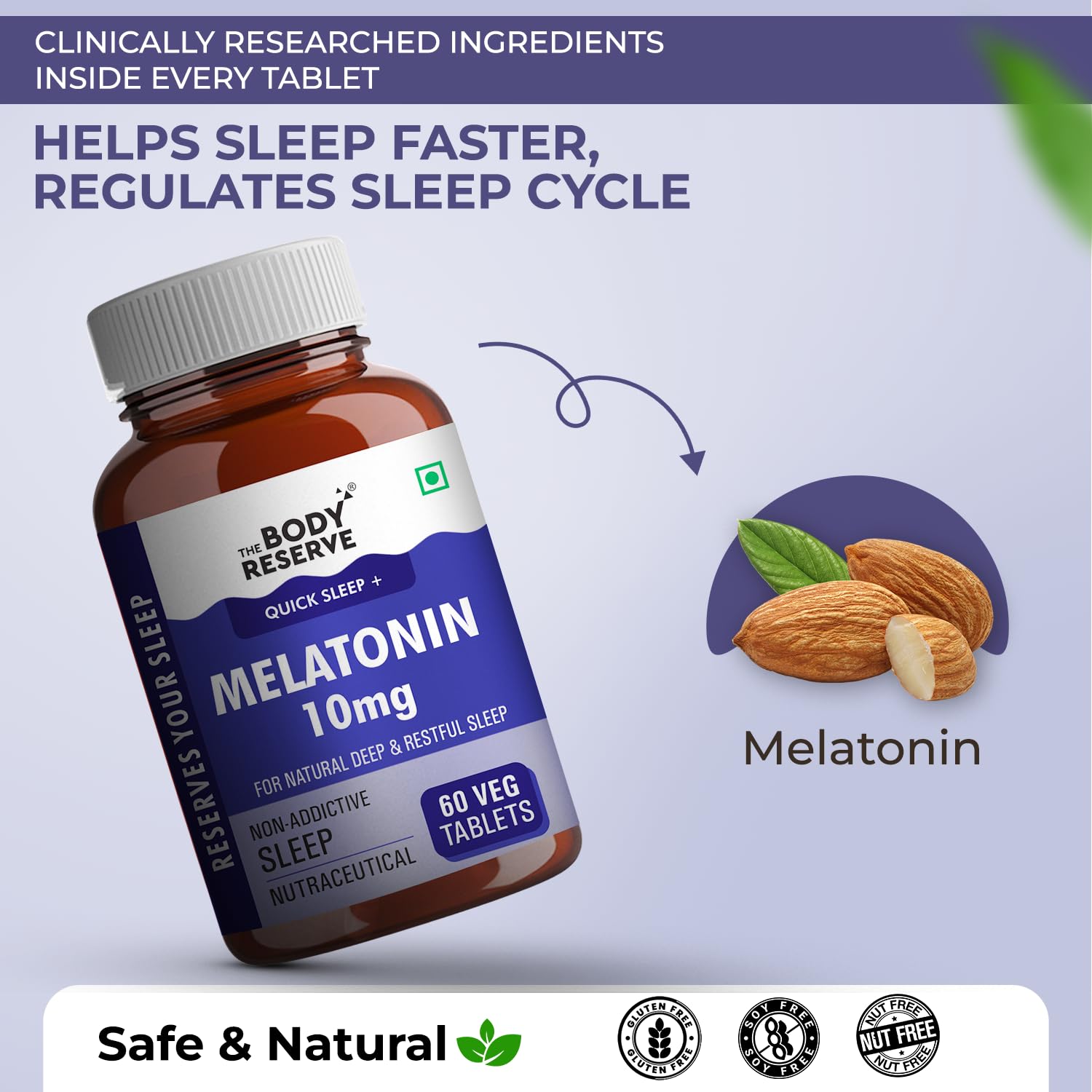 Body Reserve Melatonin supplement bottle with ingredients and benefits on a light purple background