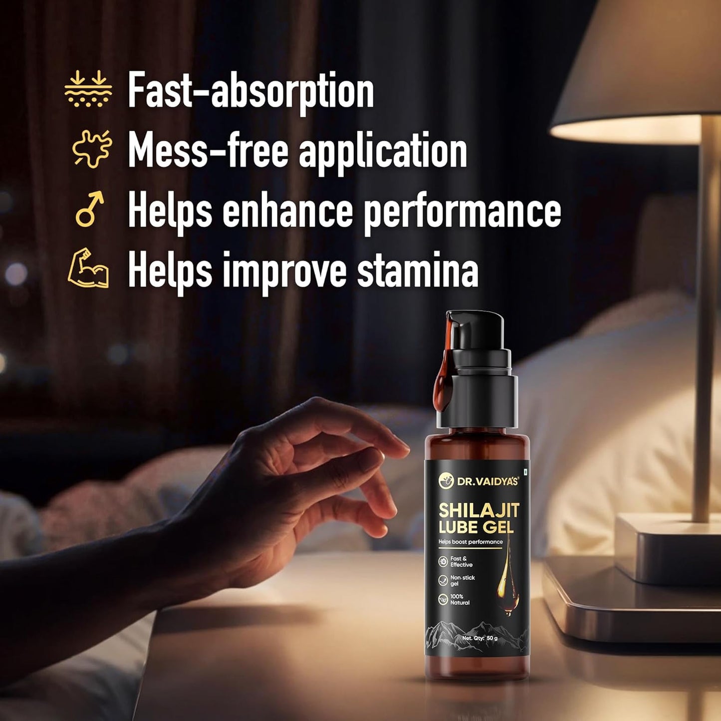Dr. Vaidya’s Shilajit Lube Gel | First Ever Shilajit Infused Lube Gel | Enhances Performance & Stamina | Mess free | 100% Pure Himalayan Shilajit, Jaiphal & Cinnamon Oil, Ashwagandha | 50g