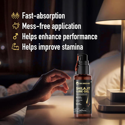 Dr. Vaidya’s Shilajit Lube Gel | First Ever Shilajit Infused Lube Gel | Enhances Performance & Stamina | Mess free | 100% Pure Himalayan Shilajit, Jaiphal & Cinnamon Oil, Ashwagandha | 50g