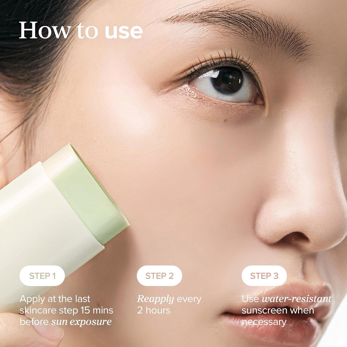 Close-up of a person's face with a skincare product and usage instructions.
