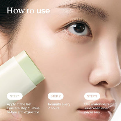 Close-up of a person's face with a skincare product and usage instructions.