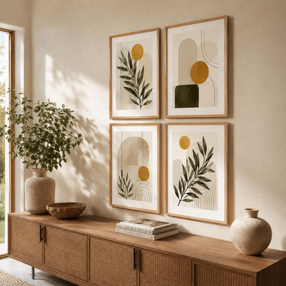Set of 4 Minimalist Botanical Geometric Wall Paintings with Sparkle Laminate and Premium Wooden Synthetic Frame for Living Room Bedroom Office Decor (13.5 x 19.5 Inch)