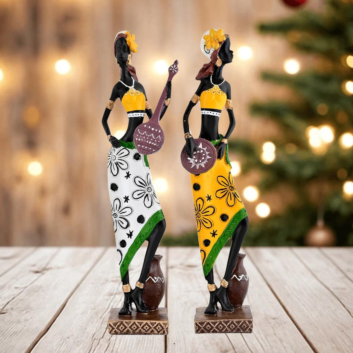 Resin African Girl with Musical Instruments|Captivating Home Décor (Pack of 2, Yellow & Black- Model 2, Large)