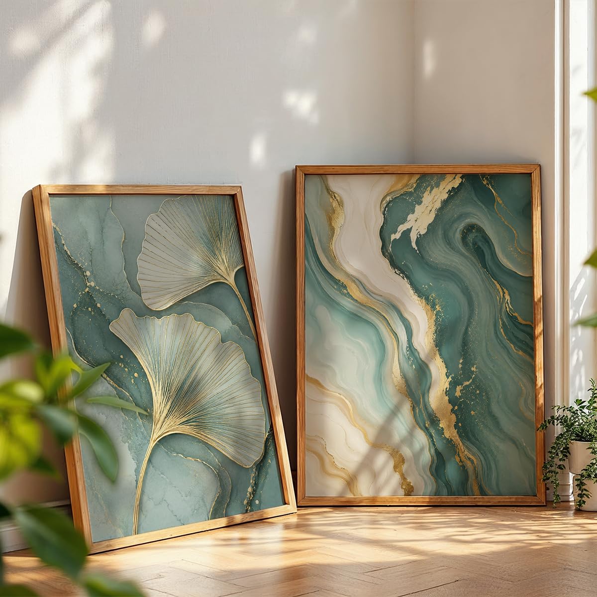 Ginkgo Leaf & Abstract Marble Wall Painting Set of 2 with Frame | Premium Teal Green Gold Botanical Artwork, Luxury Modern Wall Decor for Living Room, Bedroom, Office and Home Decoration (Art-1, 10x13inch)
