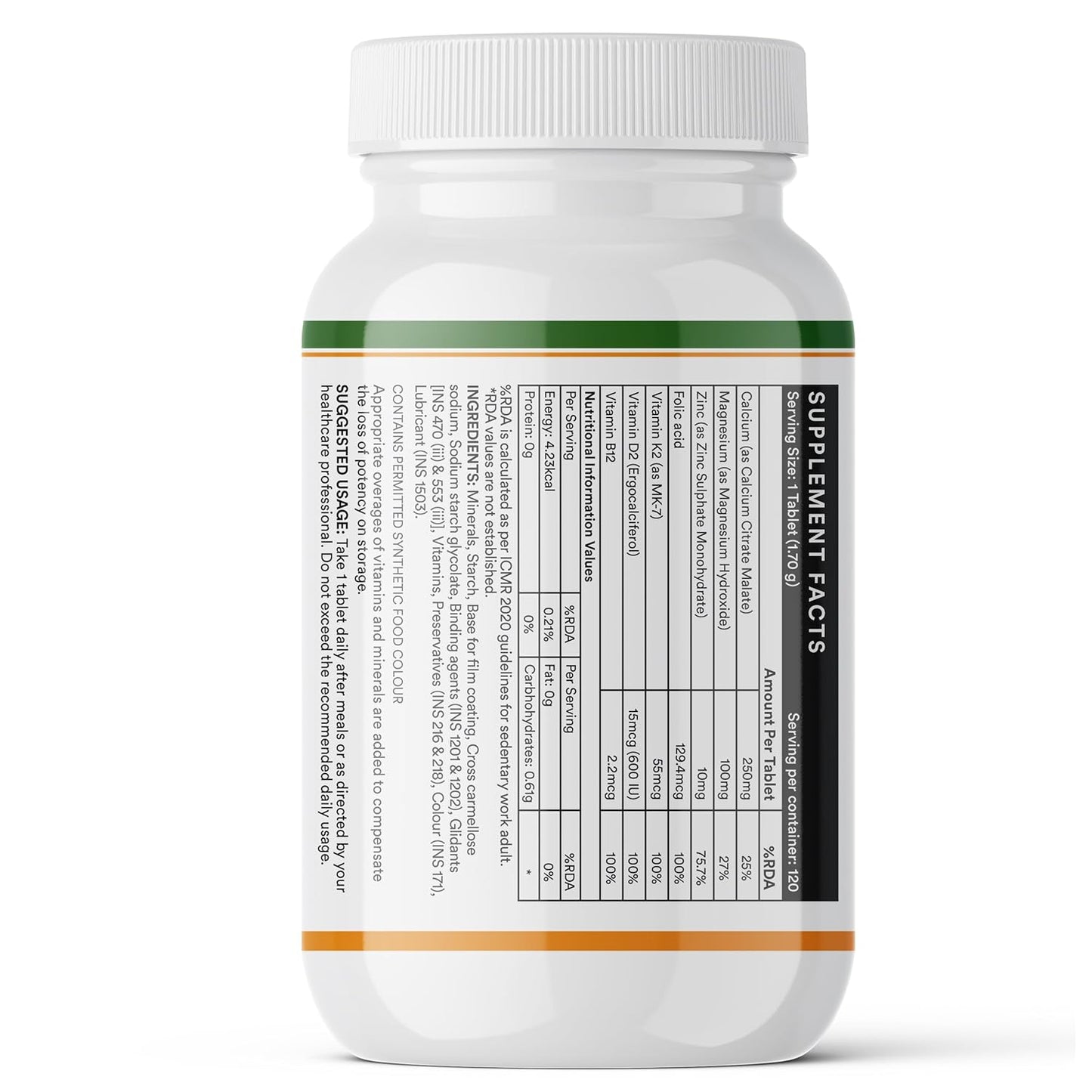 INLIFE Calcium Magnesium Zinc Vitamin D B12 | With K2 & Folic Acid Supplement | Bone & Joint Support Supplement for Women and Men - 120 Tablets (Pack of 1, 120)