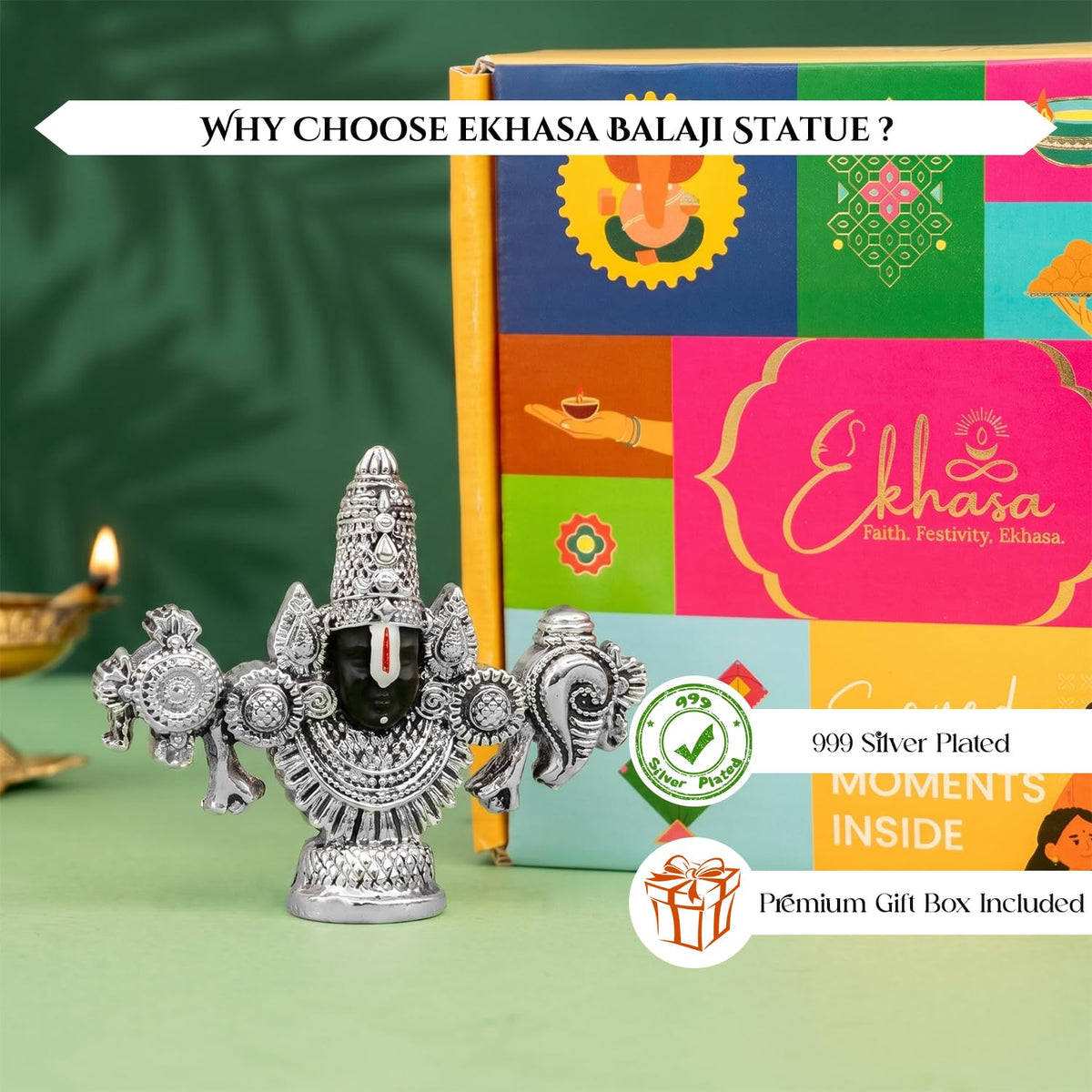 Pure 999 Silver Plated Tirupati Balaji Venkateshwara Idol with Gift Box | Lord Venkateswara Face Perumal Statue Pooja Room | Religious Housewarming Griha Pravesh Diwali Gift