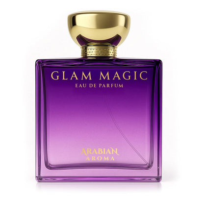 Purple perfume bottle with gold cap labeled 'Glam Magic Eau de Parfum Arabian Aroma' on a white background