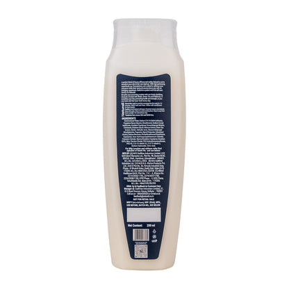 White bottle with a blue label on a white background