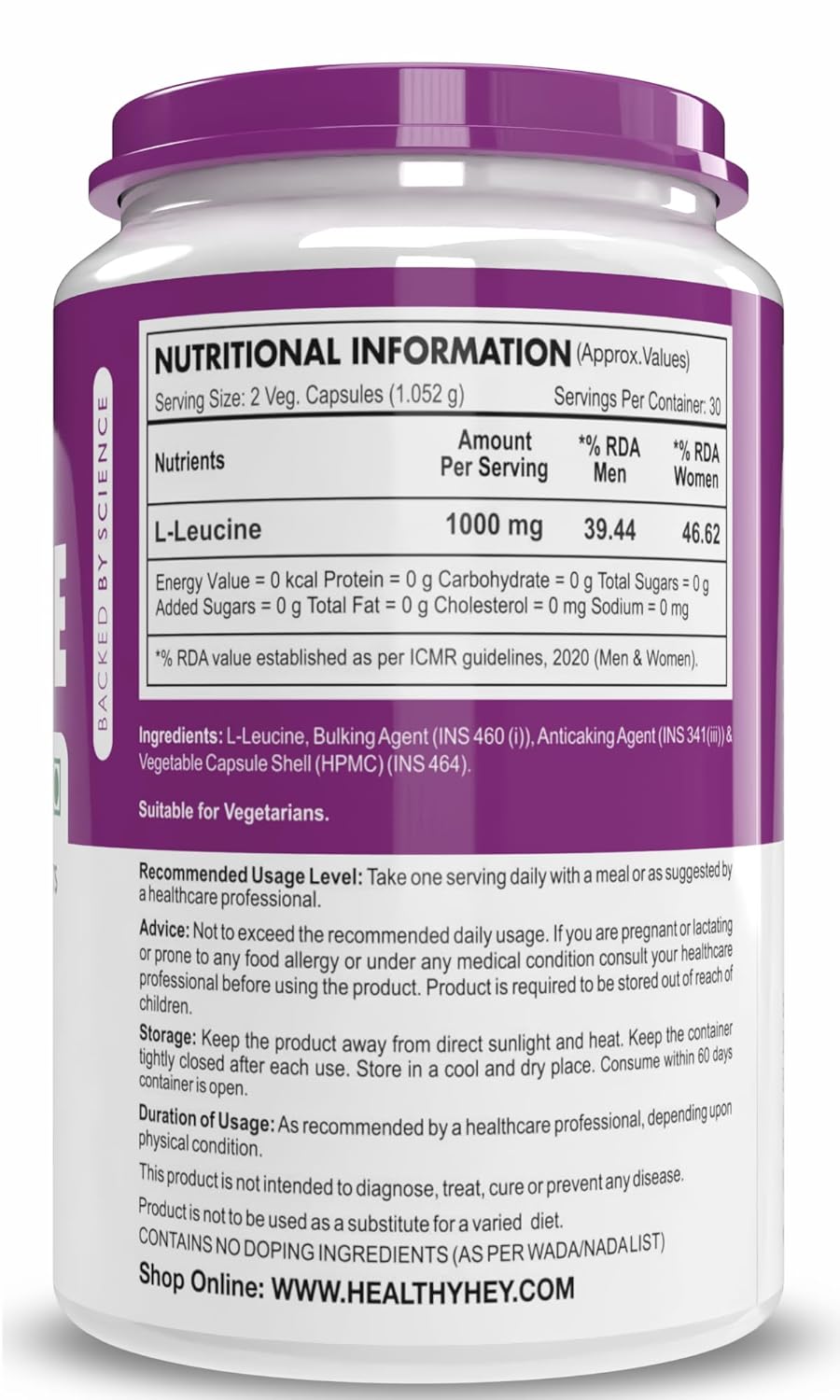 Supplement container with nutritional information on a white background
