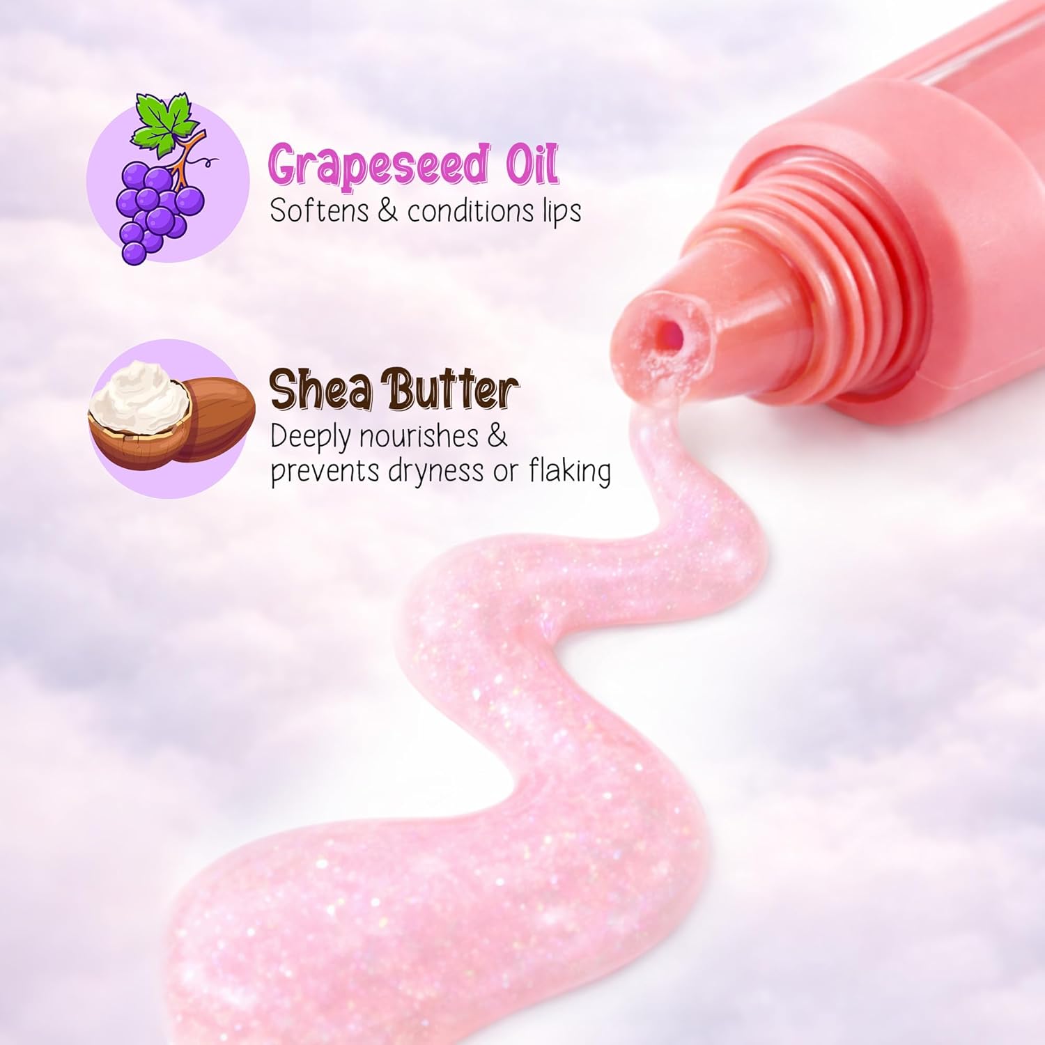 Pink lip balm tube with shea butter and grapeseed oil text on a light purple background