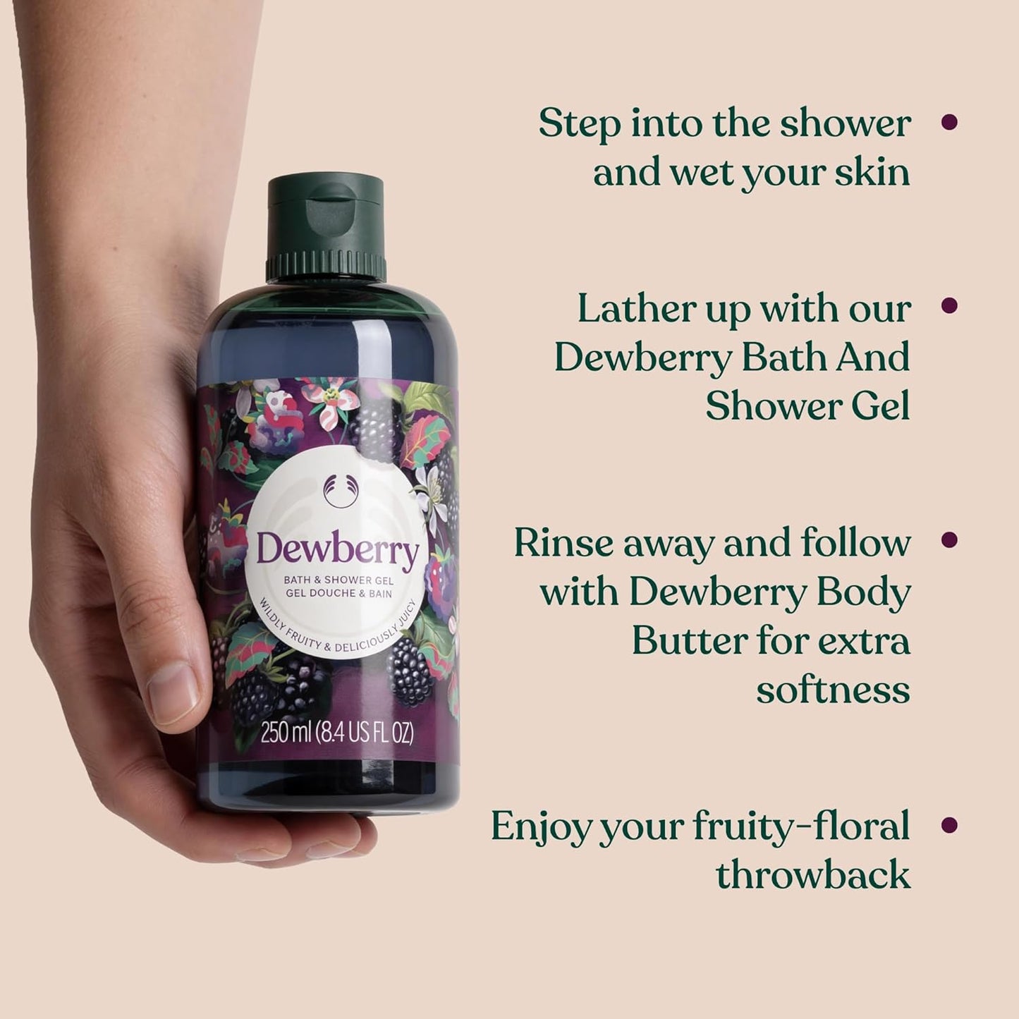 The Body Shop Dewberry Bath & Shower Gel (1x 250ml) Refreshing Body Wash with Fruity and Floral Scent, Gentle Cleanser with Community Fair Trade Aloe Vera, Vegan Certified, 250ml