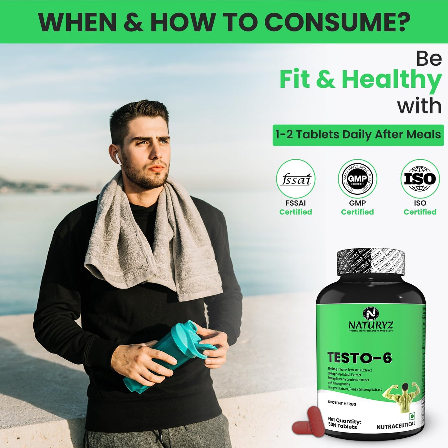 Man holding a supplement bottle with promotional text about fitness and health, set against a scenic background.