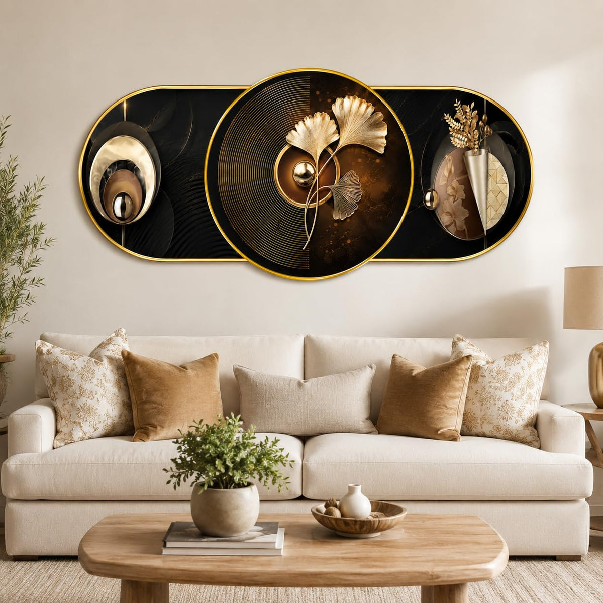 Abstract Ginkgo Leaf Wall Painting for Living Room Bedroom Decor, Black Gold Round Modern Art with Premium PVC Golden Frame (16 x 35 Inch)
