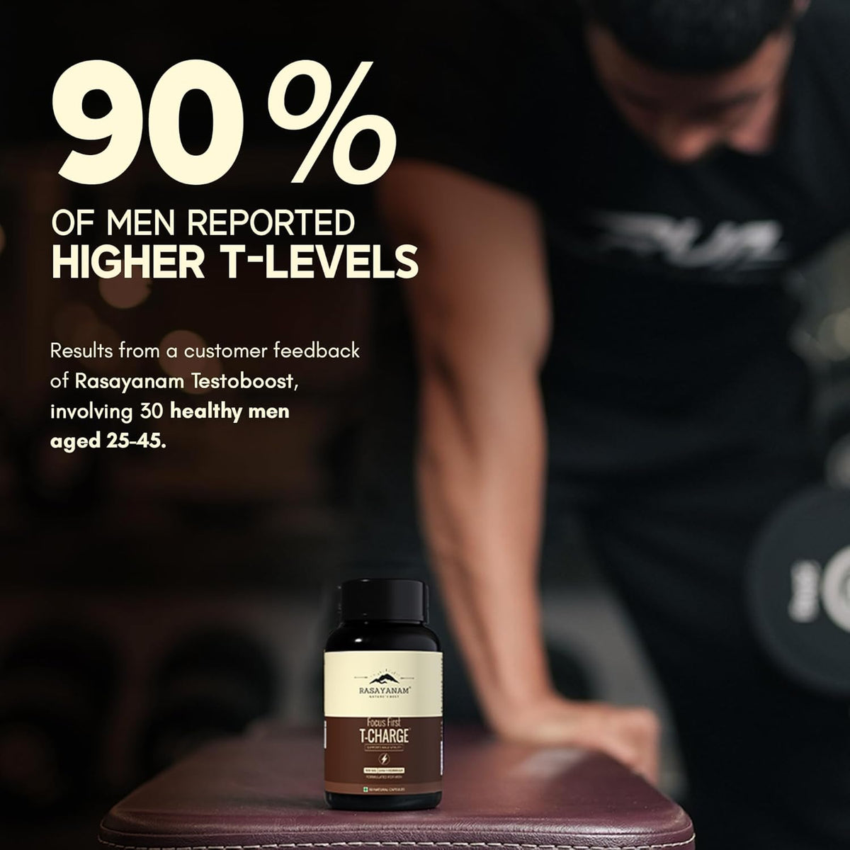 Bottle of Rasaynam Testo boost with a man lifting weights in the background