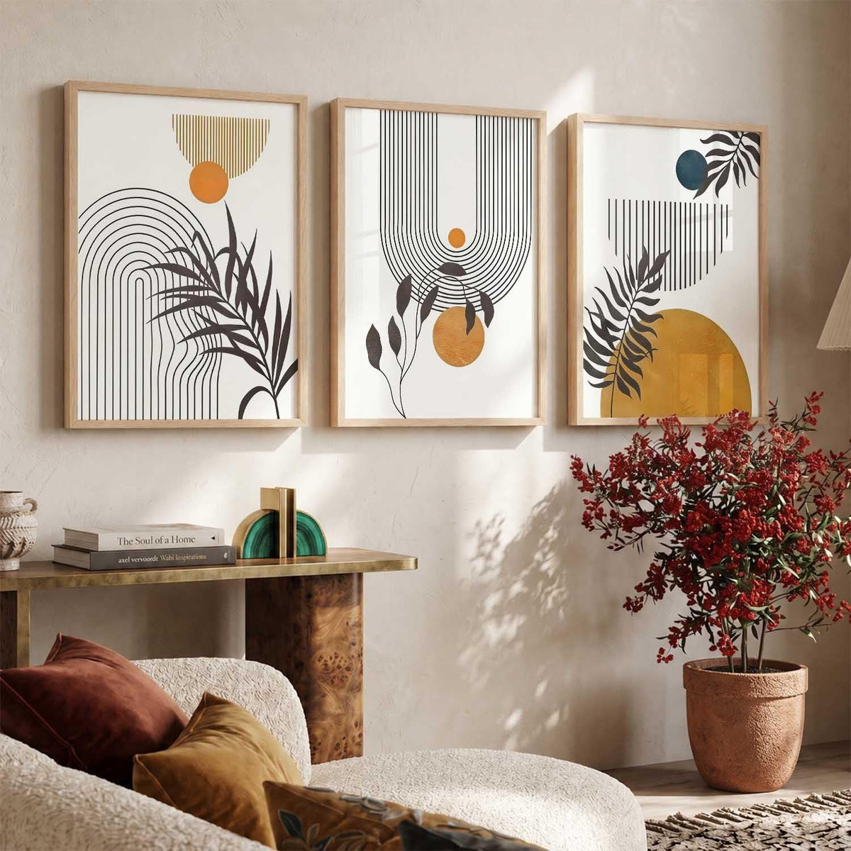 Boho Wall Art Home Decoration Paintings With Frame For Living Room Bed Room Hotel Wall Decor Digital Reprint Set of 3 (13X17 inch)