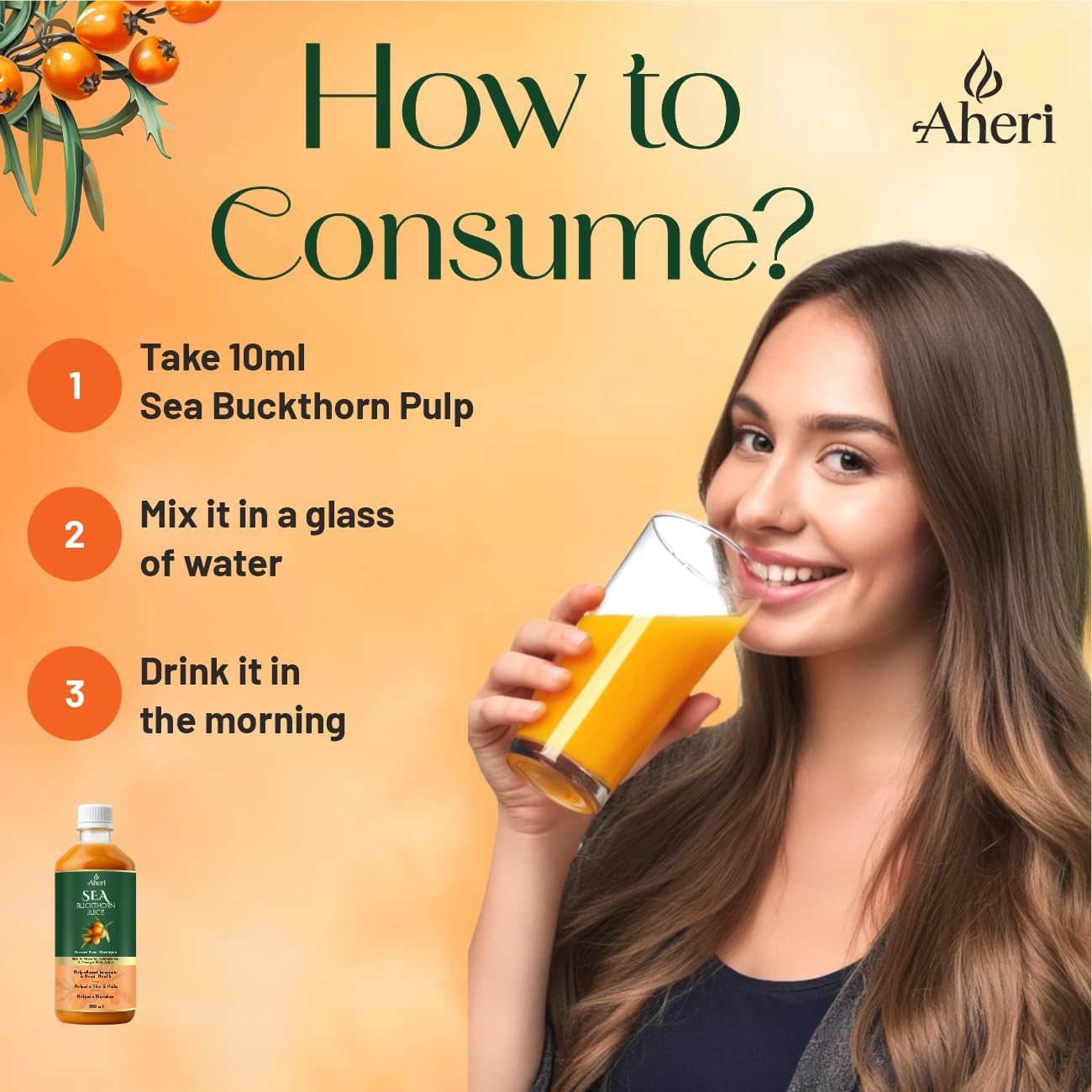 Woman holding a glass of orange juice with sea buckthorn pulp, Aheri brand visible