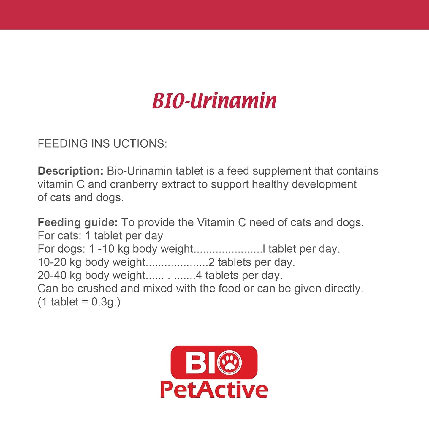 Bio PetActive Bio Urinamin Cranberry Extract Vitamin C Tablet with Cranberry Extract for Cats and Dogs(20 Tablets)