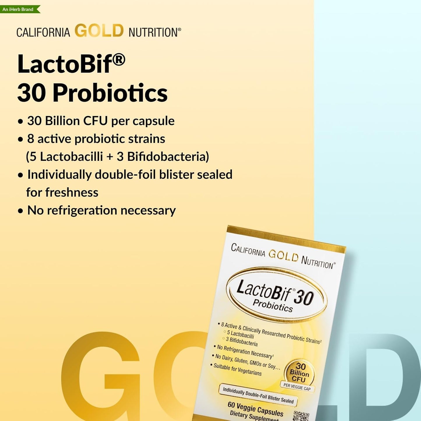 California Gold Nutrition LactoBif 30 Probiotics packaging with product details on a yellow and blue gradient background.