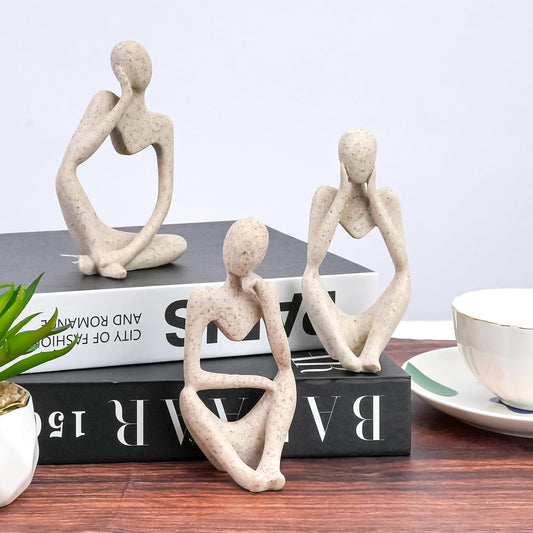 THE SACRED GIFTS Abstract Thinker Men Statues, Elegant Modern Art Showpiece for Home Decor, Living Room, Bedroom, Office, Bookshelf & Table Centerpiece, Thinker Sculpture (Set of 3) (Beige)