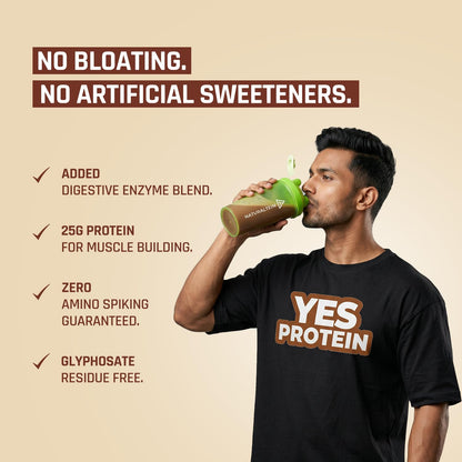 Man drinking a protein shake with Yes Protein shirt, featuring product benefits on beige background
