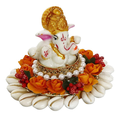 Polyresin Lord Ganesha Idol On Shells and Orange Floral Decorative Handcrafted Plate - Exquisite Hindu God Statue for Home, Temple, Office, Car Dashboard - Gift for Housewarming, Birthday