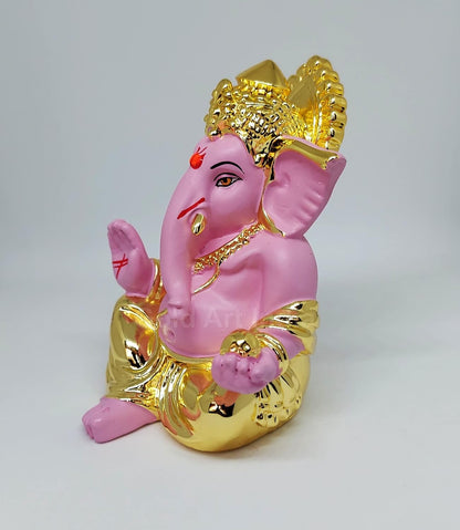 Gold Art India Gold Plated Gaddi Ganesh Idol for Car Dashboard Ganesha Murti Ganpati Idol for Home Decor Puja Lord Ganesh Statue Gift for Office Desk Puja Room Figurine Gold Pink
