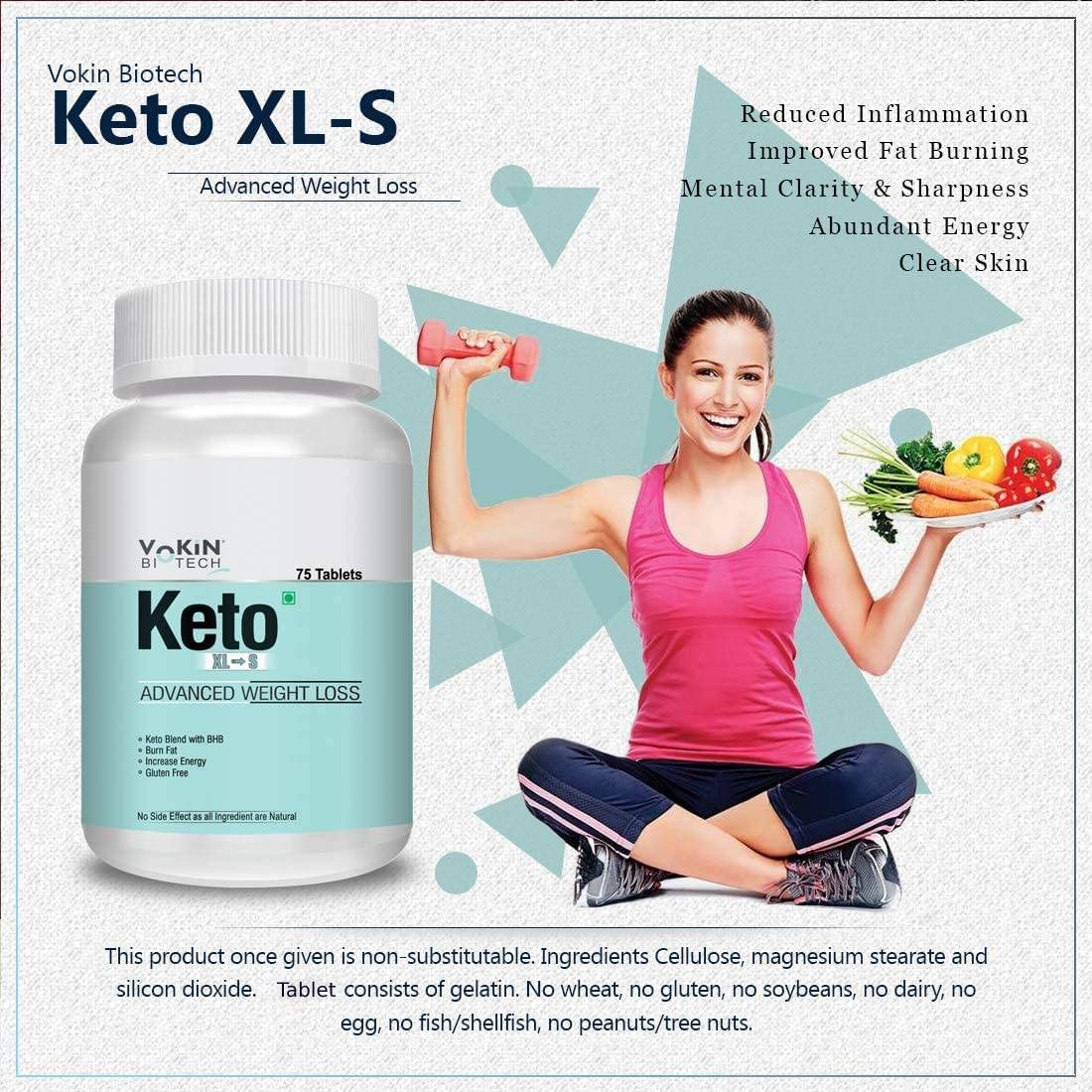 Vakin Biotech Keto XL-S supplement bottle with a woman holding vegetables and a dumbbell on a light blue background