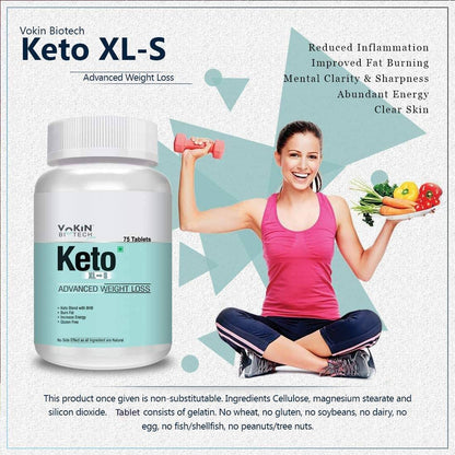 Vakin Biotech Keto XL-S supplement bottle with a woman holding vegetables and a dumbbell on a light blue background