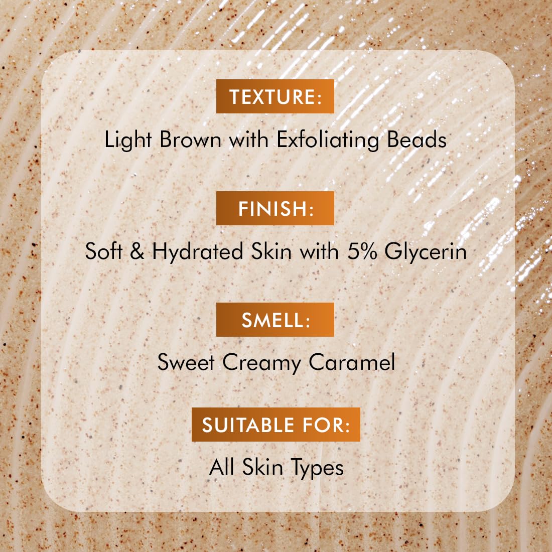Product label with texture, finish, smell, and suitability information on a light brown background.