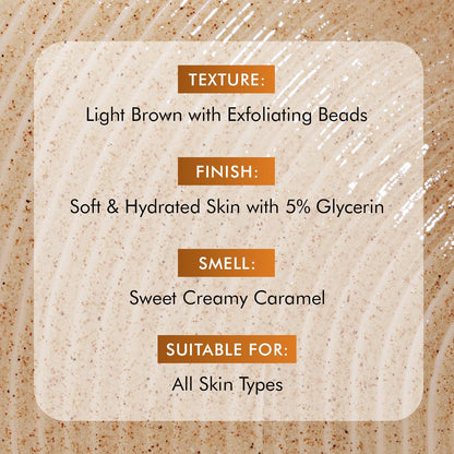 Product label with texture, finish, smell, and suitability information on a light brown background.