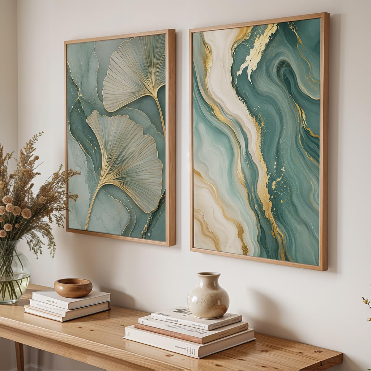 Ginkgo Leaf & Abstract Marble Wall Painting Set of 2 with Frame | Premium Teal Green Gold Botanical Artwork, Luxury Modern Wall Decor for Living Room, Bedroom, Office and Home Decoration (Art-1, 10x13inch)