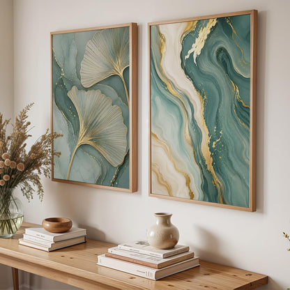 Ginkgo Leaf & Abstract Marble Wall Painting Set of 2 with Frame | Premium Teal Green Gold Botanical Artwork, Luxury Modern Wall Decor for Living Room, Bedroom, Office and Home Decoration (Art-1, 10x13inch)