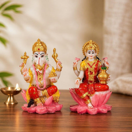 Polyresin Laxmi Ji & Ganesh Ji Idol Set, Handcrafted Decorative Murti Statue for Home, Office & Pooja Room (3 x 2 Inches, Multicolor)