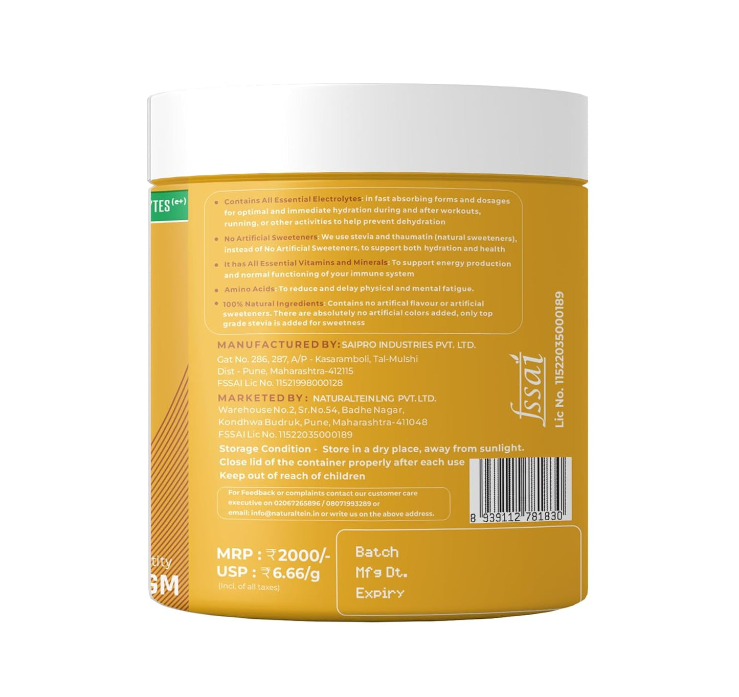 Back view of a yellow supplement container with text and branding on a white background