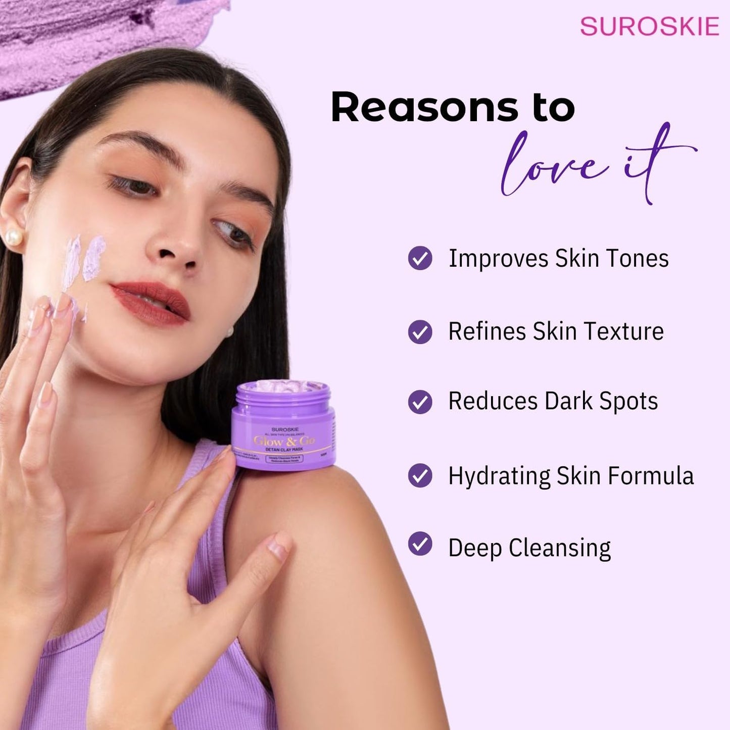 Suroskie Glow & Go De-Tan Clay Mask | Kaolin Clay & Kojic Extract | Removes Tan, Dark Spots & Blackheads | Deep Cleansing & Brightening Face Pack For Glowing Skin | All Skin Types | Men & Women 50G