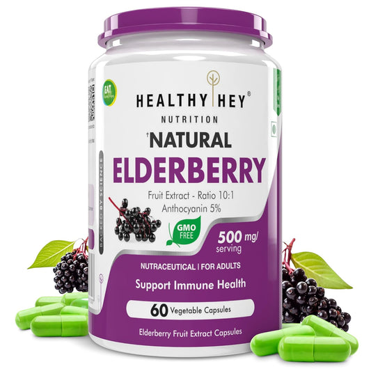 Healthy Hey Nutrition Natural Elderberry supplement container with purple lid and white body, surrounded by elderberries and capsules.