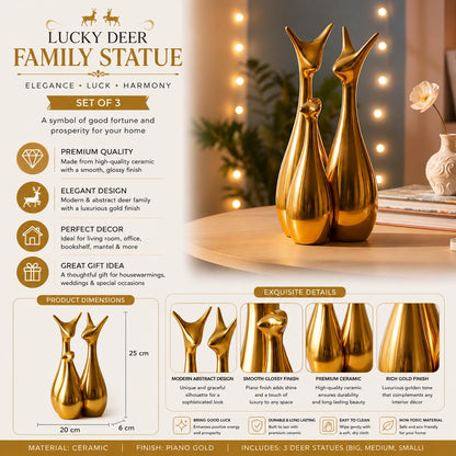 Home Decor Lucky Deer Statue Family Piano Finish Ceramic Figures - (Set of 3, Golden Set)