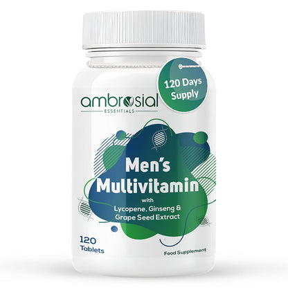 Men's multivitamin supplement bottle with green and white design on a white background
