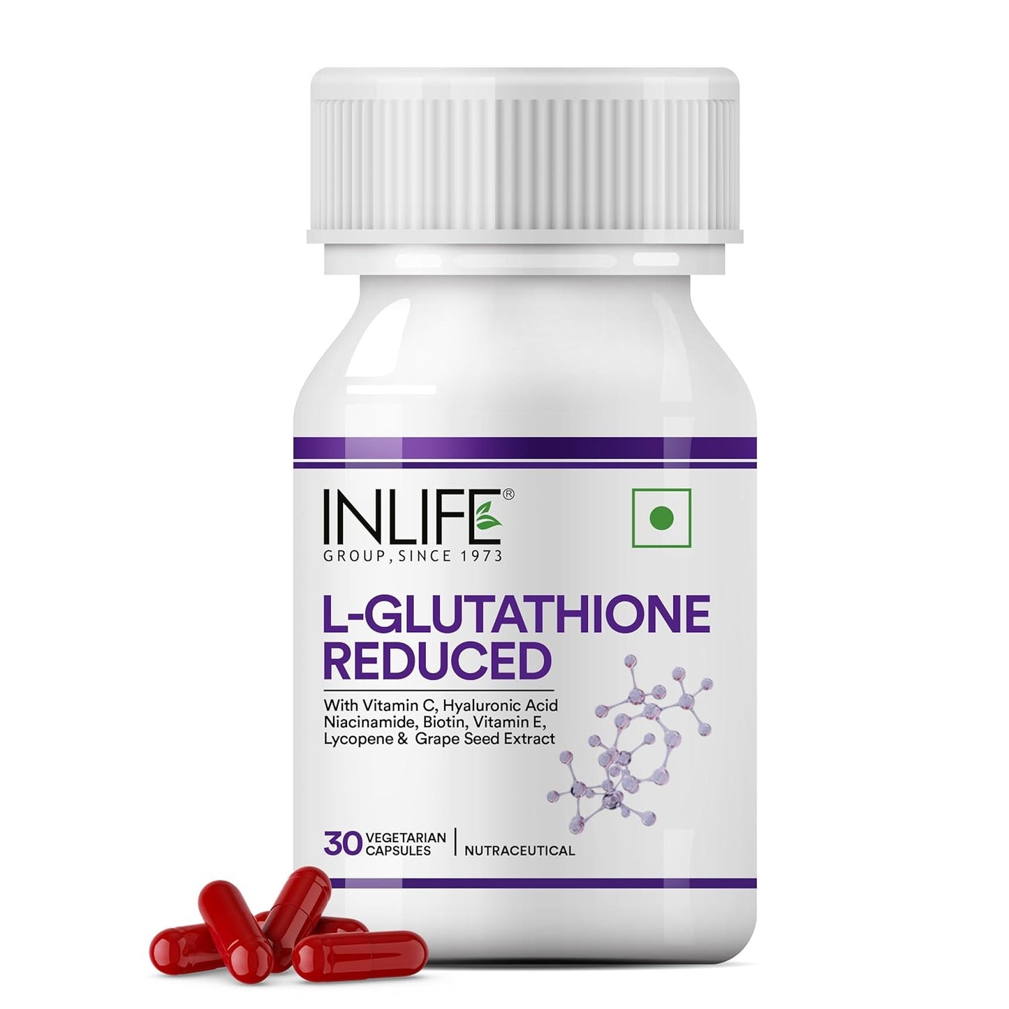 INLIFE L-Glutathione Reduced 500mg | Grape Seed Extract, Vitamin C, Hyaluronic Acid, Niacinamide, Vitamin E, Lycopene & Biotin | Antioxidant Complex for Skin & Immune Support - 30 Vegetarian Capsules (Pack of 1)