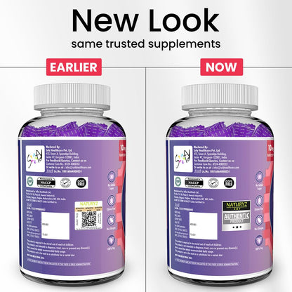 Comparison of a supplement bottle's label design, showing 'Earlier' and 'Now' versions.