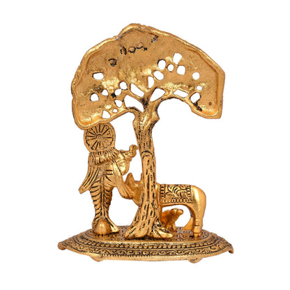 Collectible India Metal Krishna Idol Murti with Kamdhenu Cow - Gold Plated Showpiece (Set of 5)