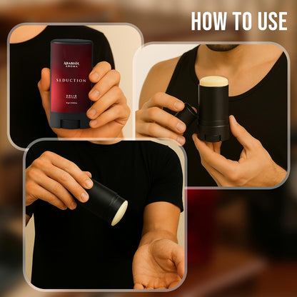 Instructions on how to use a deodorant stick, featuring a product labeled 'Abraham Avrolo Seduction'.