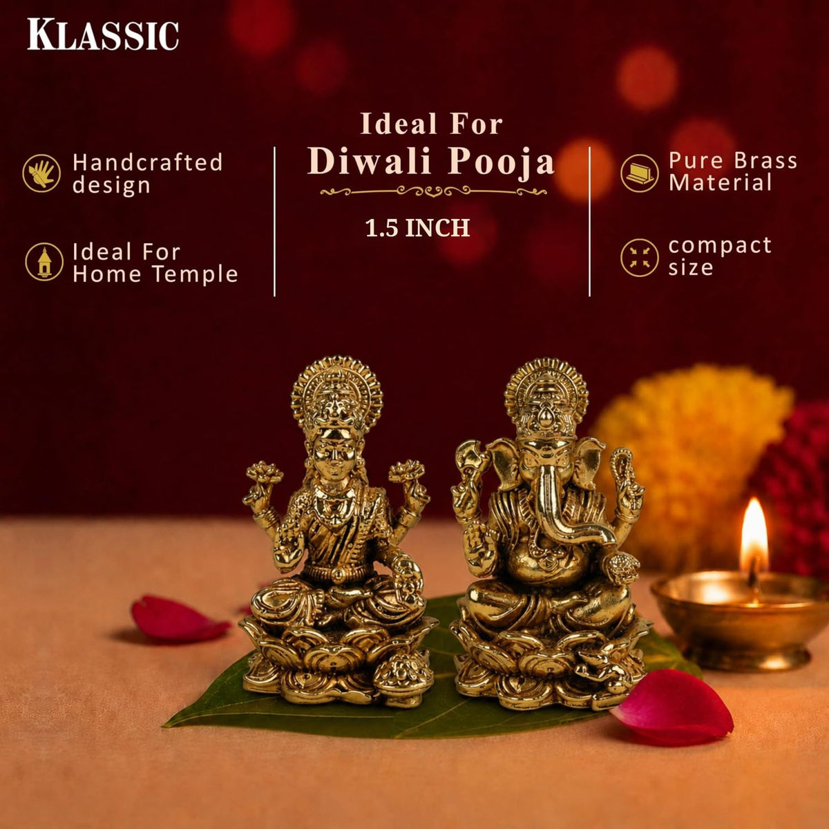 1.5 Inch Pure Brass Lord Ganesha & Maa Lakshmi Idol Set for Home Temple, Mandir & Office Desk | Decorative Pooja Murti Combo for Pooja, Diwali, Festive Gifting & Spiritual Decor