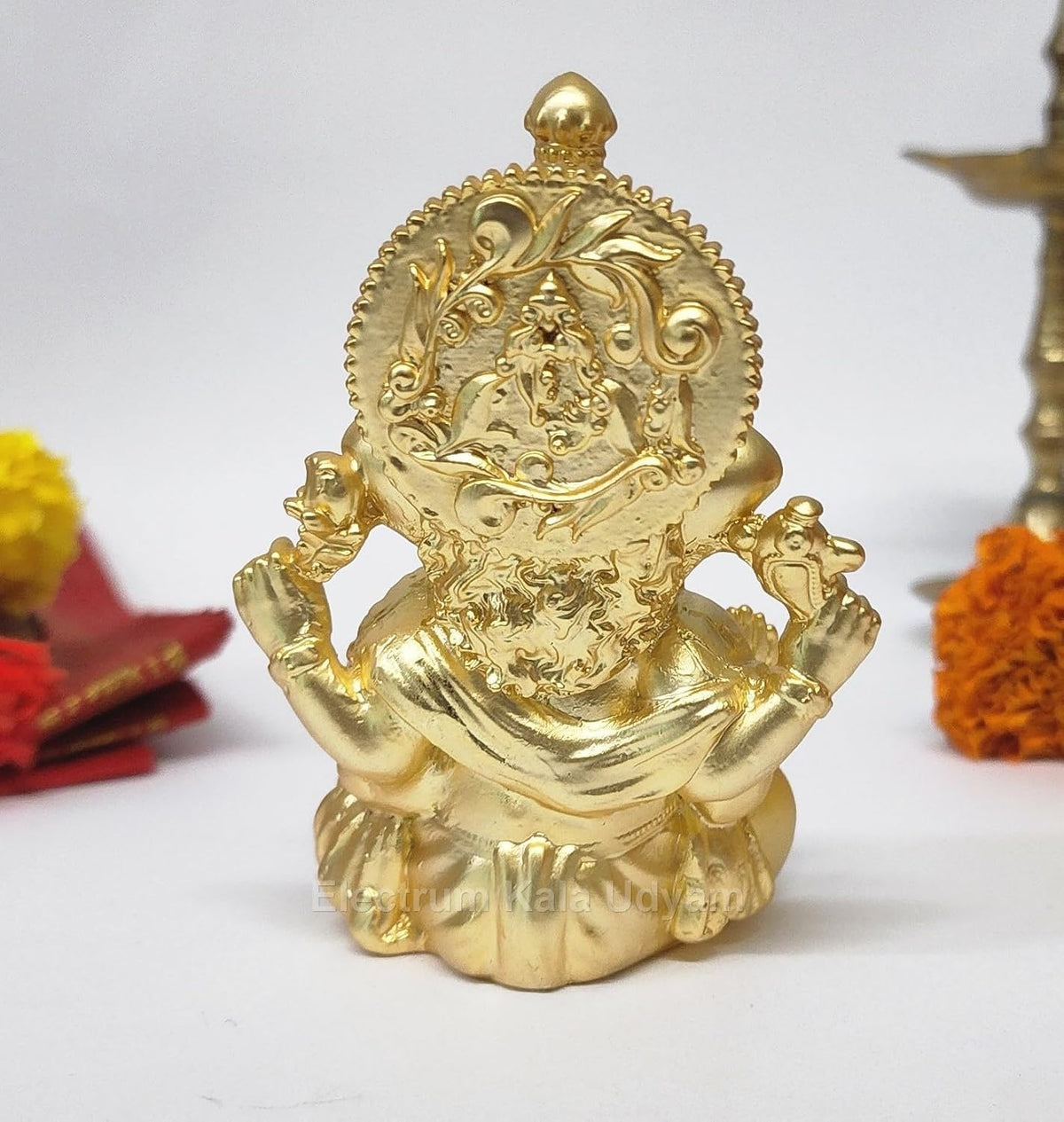 Handcrafted Poly Resin Ganesha Statue with Base - Perfect for Car Dashboard, Office Desk, Shelves, and Home Decor - Ideal Housewarming Gift! (GOLDMATTEVINAYAGAR 4")